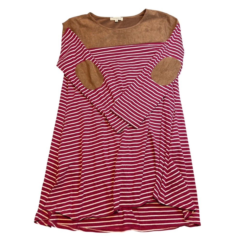 Umgee USA Womens XL Burgundy Striped Tunic Dress Faux Suede Elbow Patches WR7925